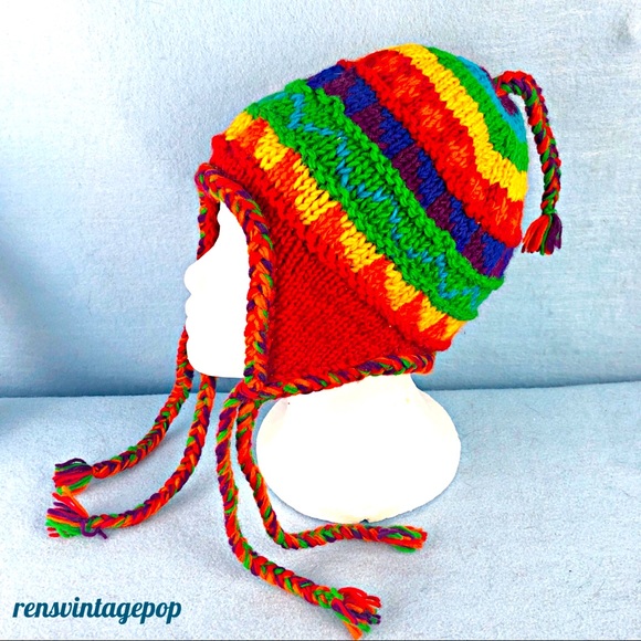 Rainbow Wool Ear Flap Hat Knit Vintage small adult